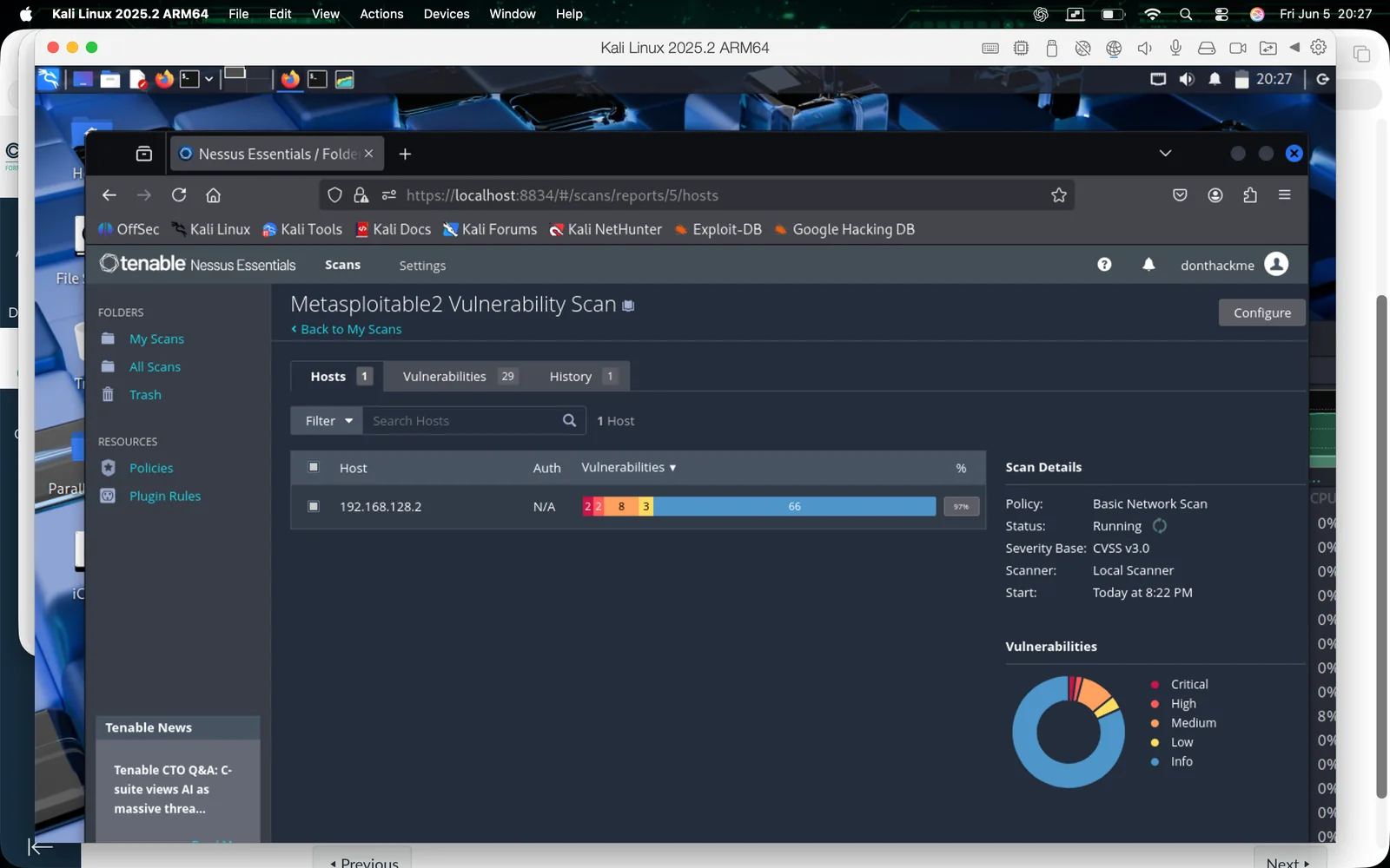 Nessus host summary while the Metasploitable2 vulnerability scan is running.