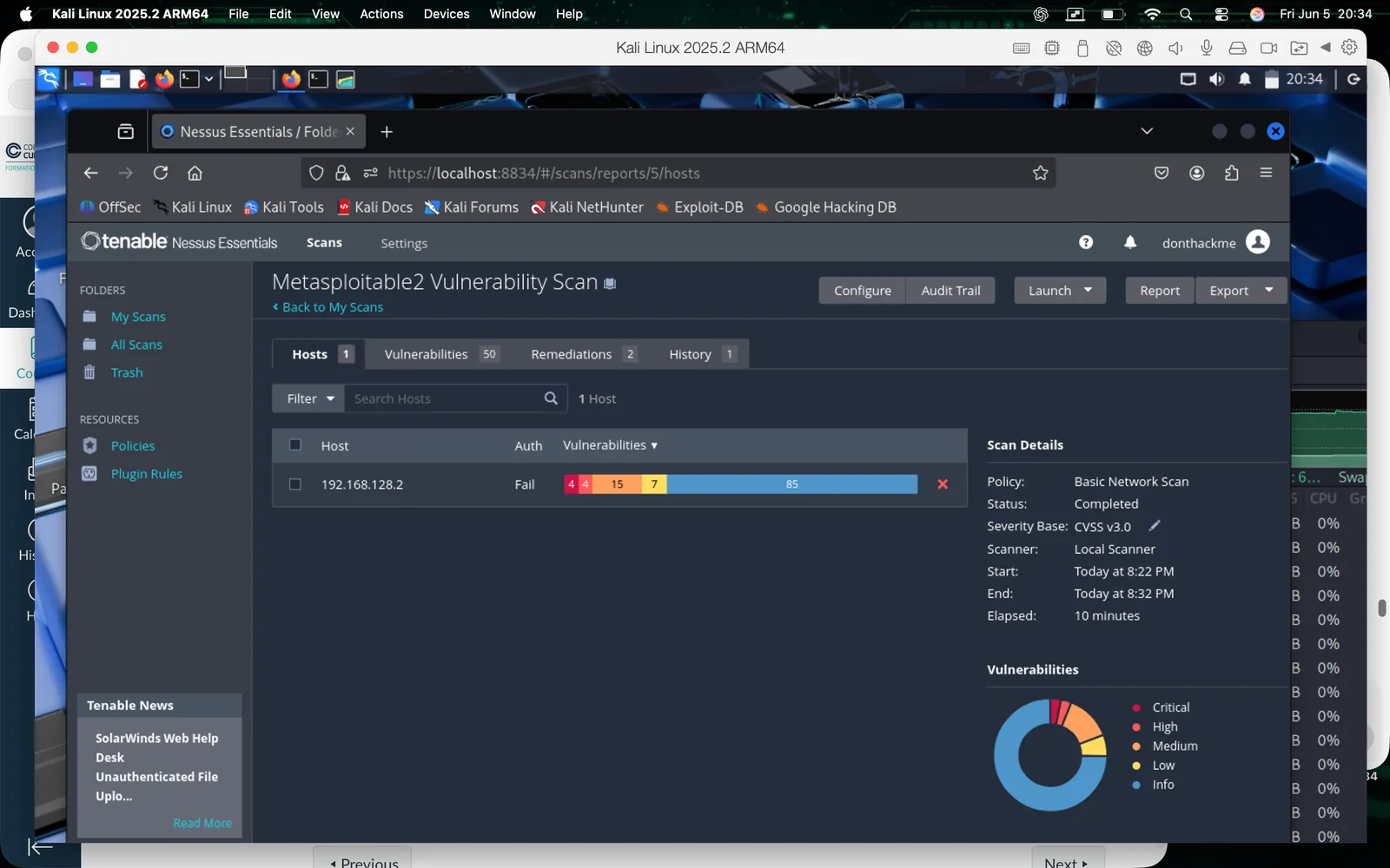 Nessus completed host summary for the Metasploitable2 vulnerability scan.