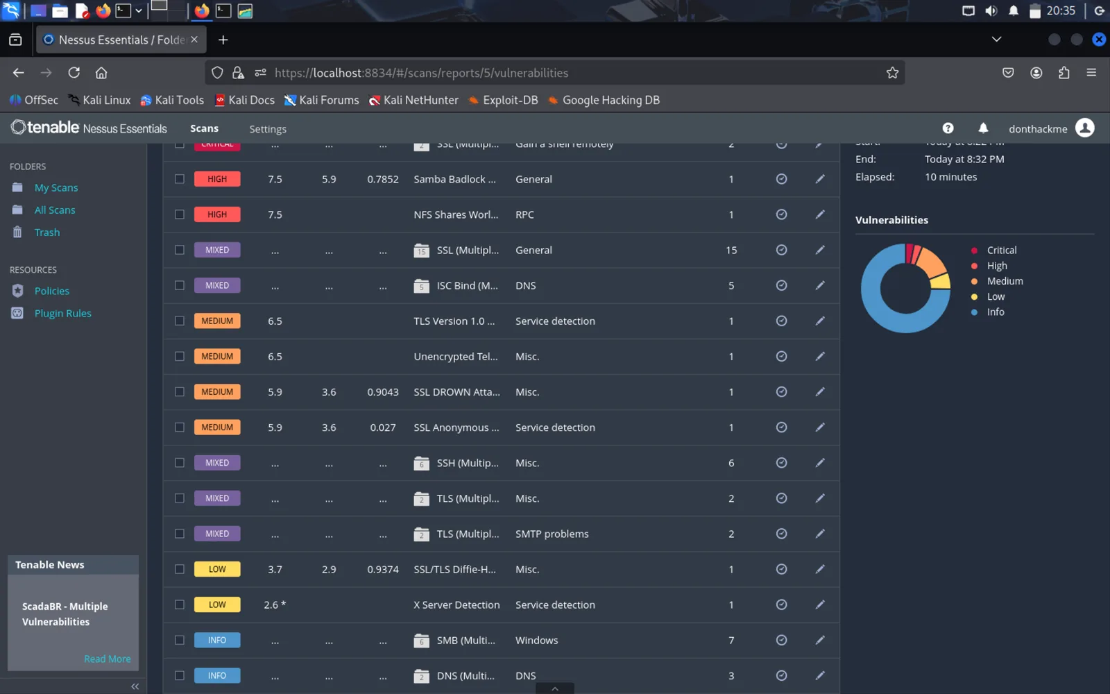 Nessus vulnerability list with critical, high, medium, low, mixed, and informational results.