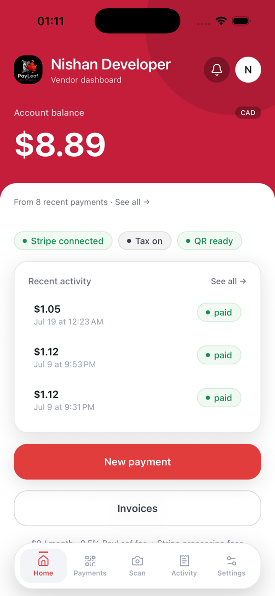 PayLeaf vendor dashboard showing account balance and recent paid payments.